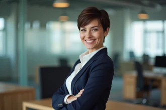 Femme professionnelle visage rond avec coupe courte pixie cut en bureau moderne, look working girl élégant