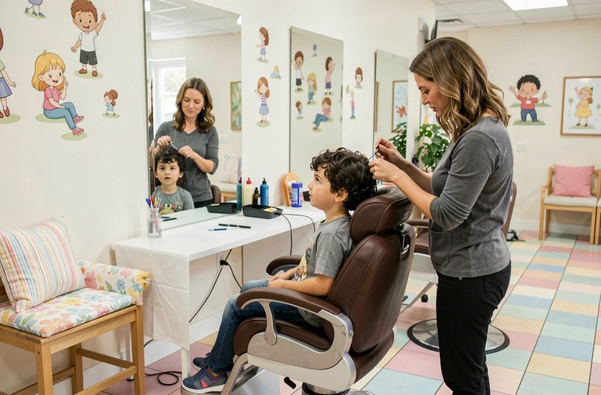 Jeune enfant lors d'une coupe de cheveux dans un salon familial du Val-de-Marne