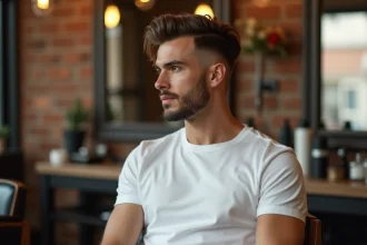 Homme aux cheveux mi-longs avec une coupe mulet dégradée courte sur les côtés, assis dans un salon de coiffure vintage moderne