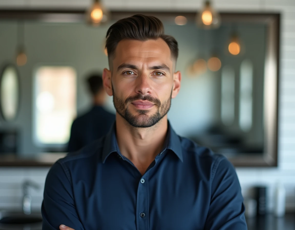 Portrait d'un homme avec une coupe mulet moderne dégradée skin fade, en chemise bleue dans un barbershop contemporain