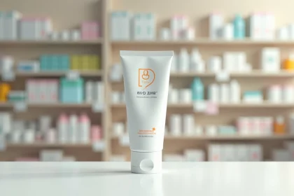 Crème hydratante Biolane posée sur un comptoir de pharmacie avec étiquettes de prix visibles