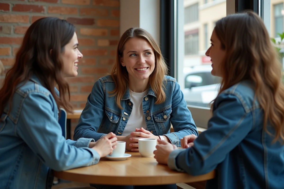 Groupe de jeunes adultes en discussion sérieuse dans un café, évoquant le débat sur le voyeurisme et le respect de la vie privée en ligne