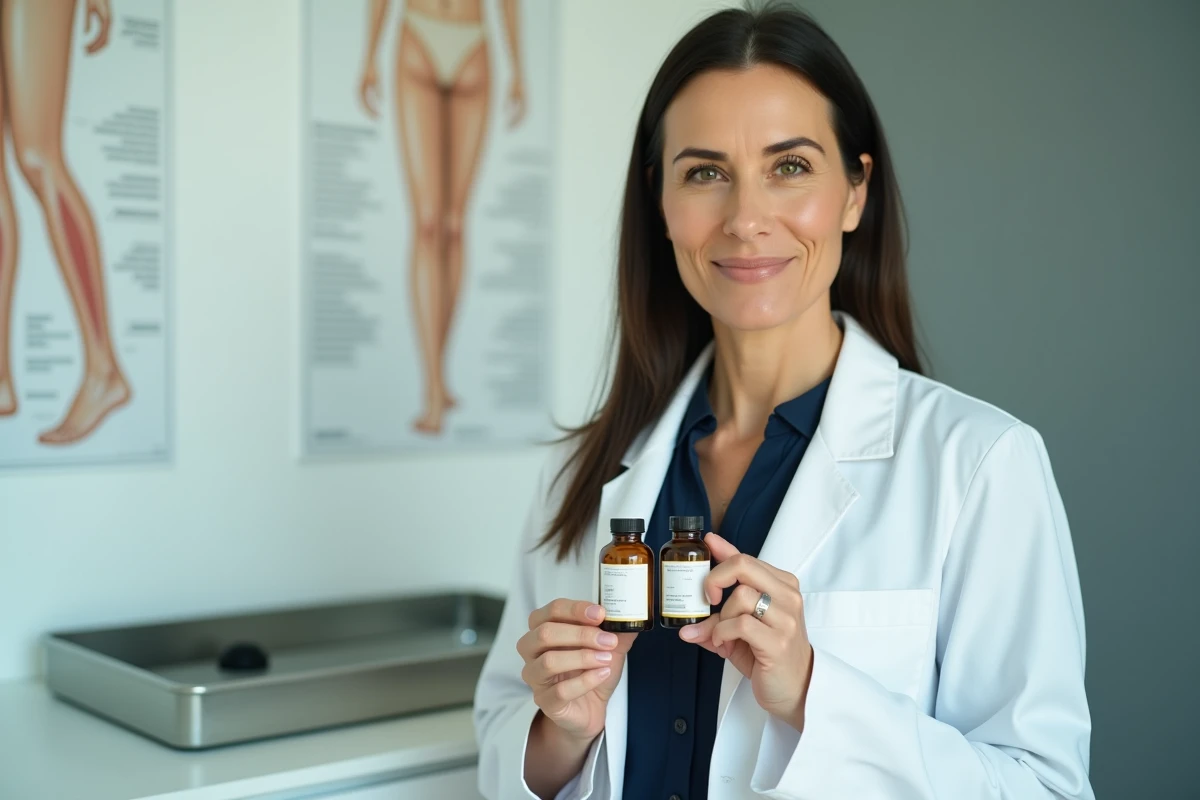 Dermatologue comparant deux huiles hydratantes pour le visage dans un cabinet médical, illustrant l'analyse professionnelle de l'efficacité des huiles cosmétiques
