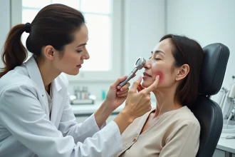 Dermatologue examinant la peau du visage d'une femme mature pour évaluer les rides et ridules