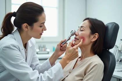 Dermatologue examinant la peau du visage d'une femme mature pour évaluer les rides et ridules