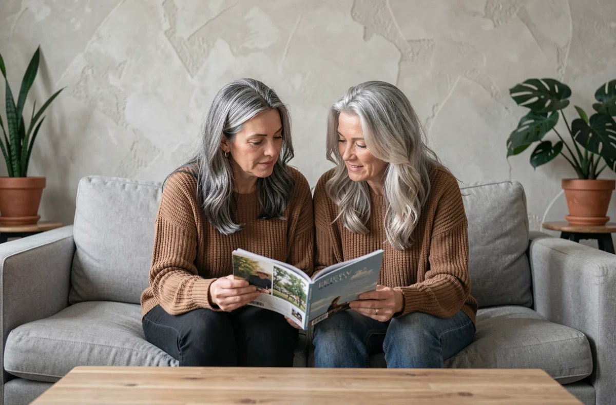 Deux femmes à différents stades de la transition cheveux gris naturels discutant sur un canapé