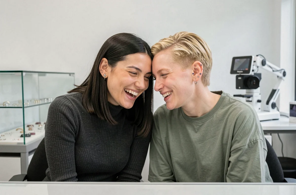 Deux femmes comparant leurs piercings d'oreille multiples dans un studio de piercing moderne, styles de constellations différents