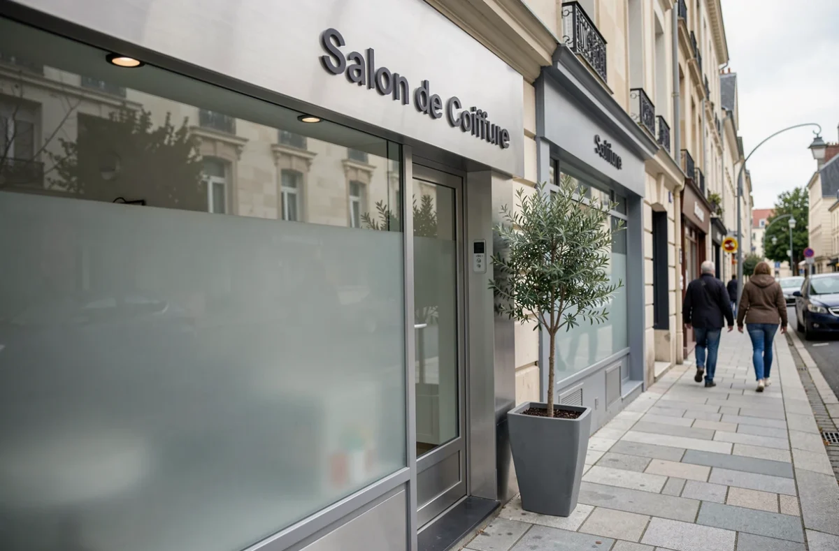 Devanture moderne d'un salon de coiffure dans une rue du Val-de-Marne