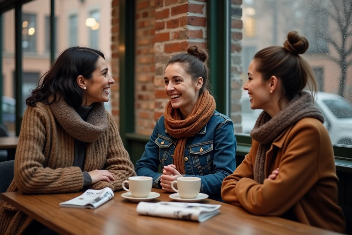 Groupe de femmes aux morphologies variées discutant autour d'un café, illustrant la diversité corporelle face aux normes esthétiques