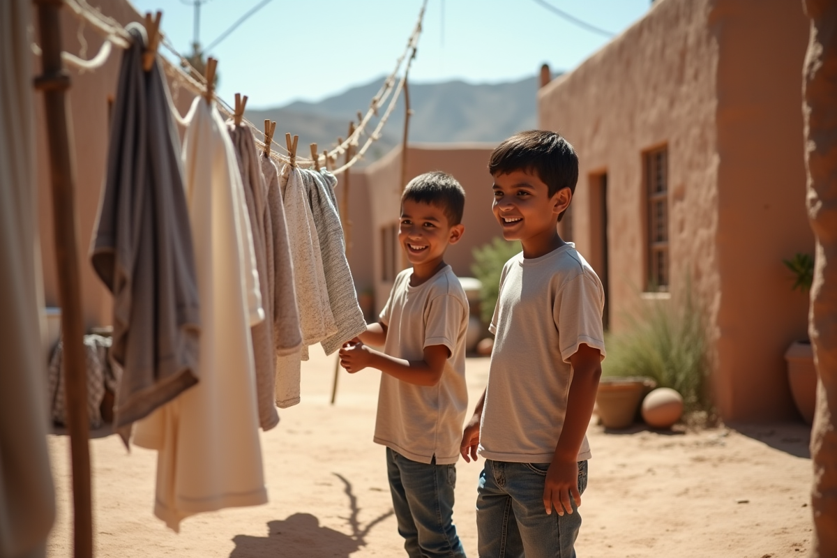 Deux enfants marocains aident à étendre le linge dehors