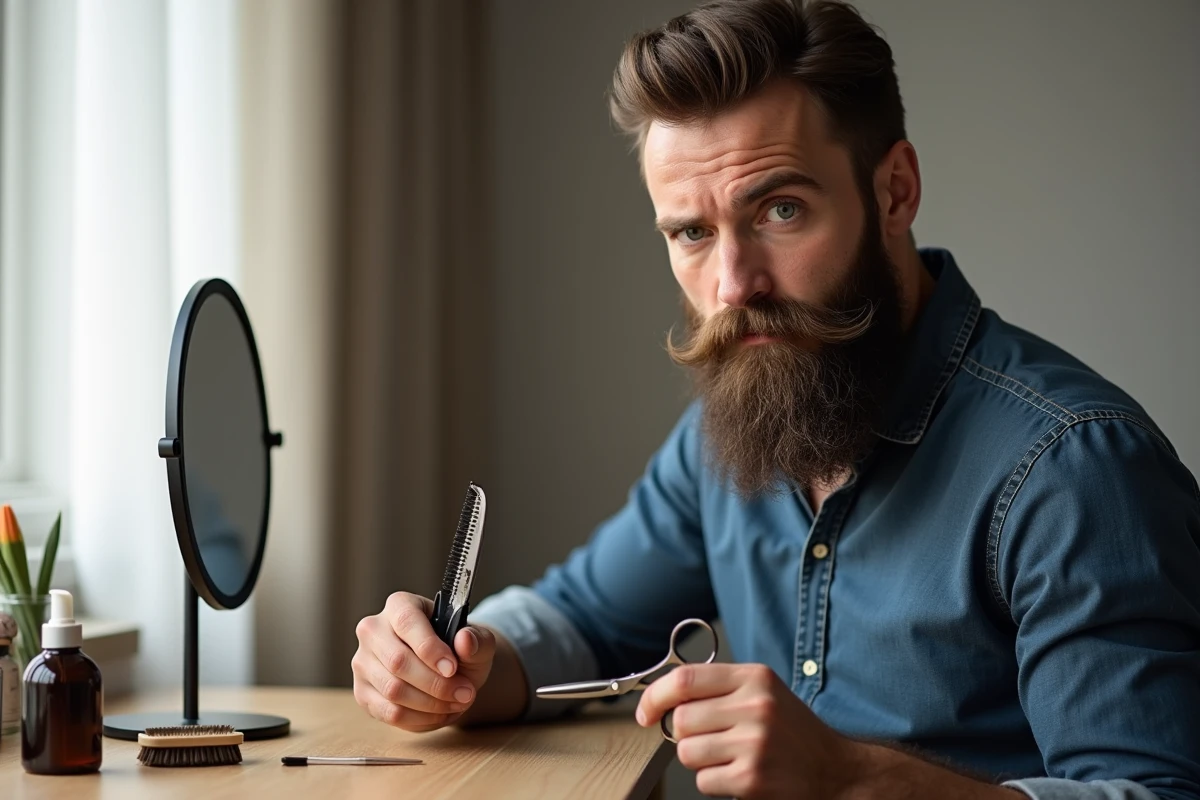 Homme entretenant sa barbe longue avec des ciseaux et un peigne devant un miroir sur une coiffeuse en bois