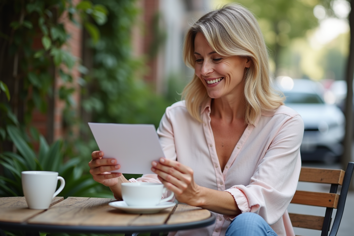 Estheticienne lisant une note de remerciement au café en extérieur