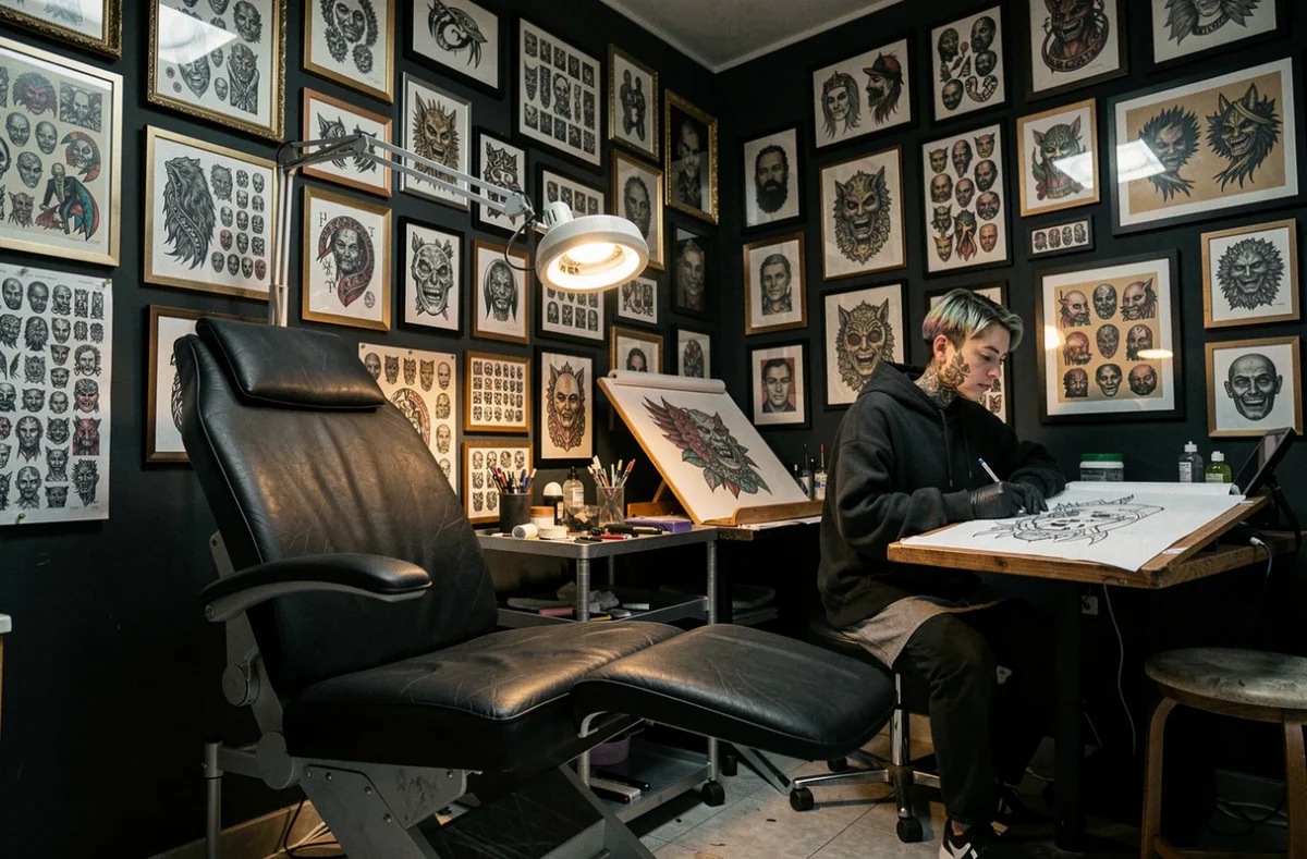 Intérieur du studio L'Exutoire Tattoo à Toulon, murs sombres couverts de flash sheets encadrés, artiste en train de dessiner un nouveau design à sa table
