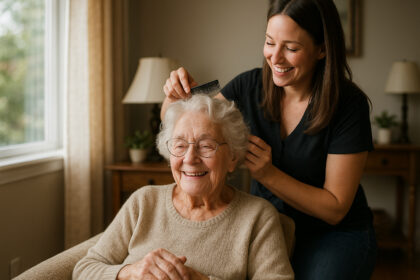 Femme agee souriante coiffée par une coiffeuse à domicile