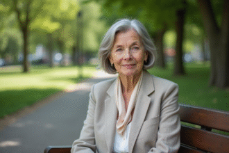Femme âgée souriante dans un parc urbain en plein air