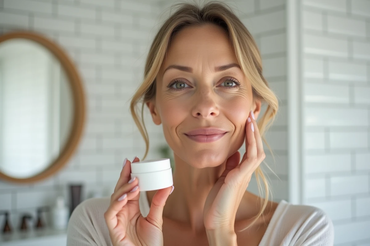 Femme d'âge mûr appliquant une crème anti-rides sur son visage dans une salle de bain moderne