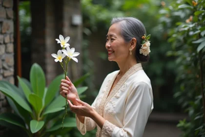 Femme balinaise en kebaya tenant du jasmin Bali