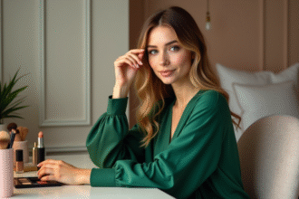 Femme appliquant un maquillage vert dans une chambre cosy