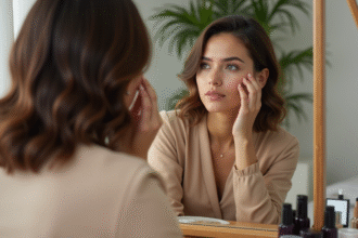 Femme en train d'appliquer du maquillage devant un miroir