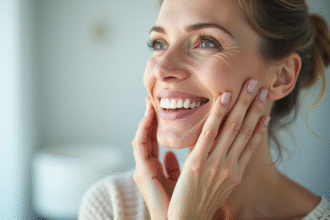 Femme confiante touchant son visage dans une clinique moderne