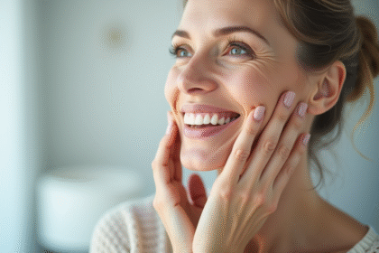 Femme confiante touchant son visage dans une clinique moderne