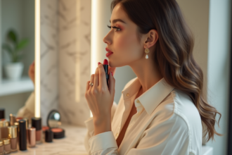 Femme élégante appliquant rouge à lèvres devant un miroir