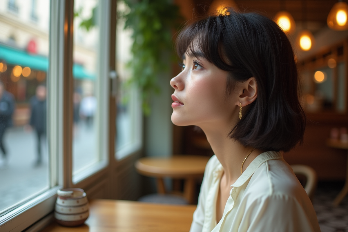 Jeune femme au bob dans un café urbain authentique