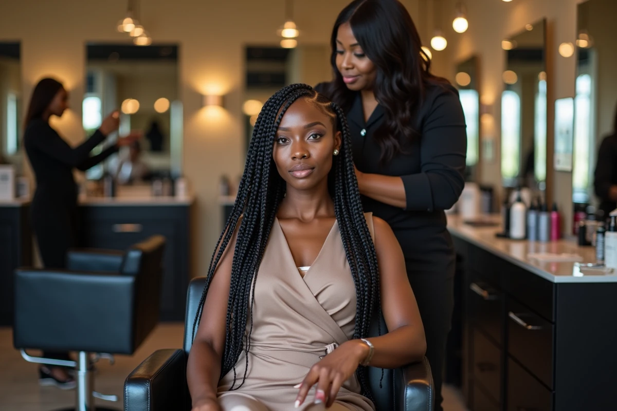 Femme noire en robe stylée dans un salon coiffure