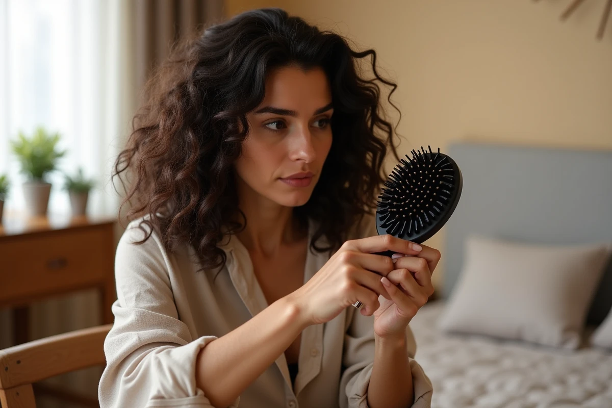 Femme examinant ses cheveux ondulés avec une brosse paddle devant une coiffeuse en bois dans une chambre cosy