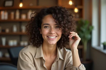 Femme aux cheveux crépus en bob naturel dans un salon chaleureux