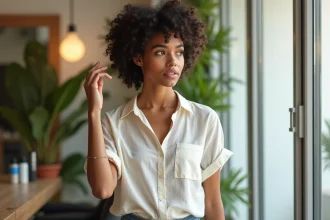 Femme aux cheveux bouclés modernes dans un salon lumineux