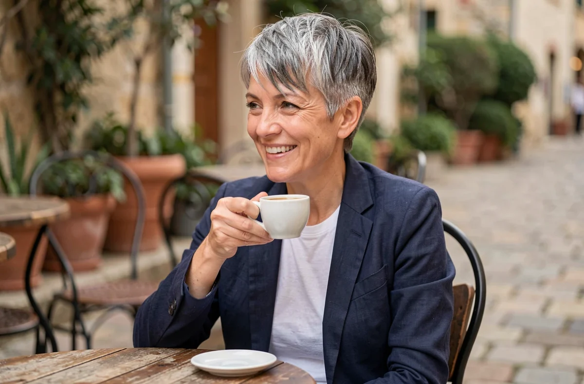 Femme aux cheveux poivre et sel en transition naturelle assise en terrasse de café