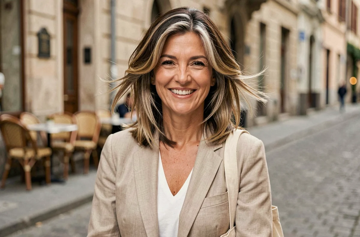 Femme quinquagénaire souriante en ville avec un balayage naturel pour rajeunir et couvrir les cheveux blancs