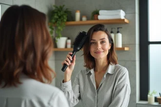 Femme coiffant ses cheveux avec un sèche-cheveux à air dans une salle de bain moderne