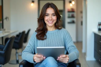 Jeune femme utilisant une application de coiffure sur tablette