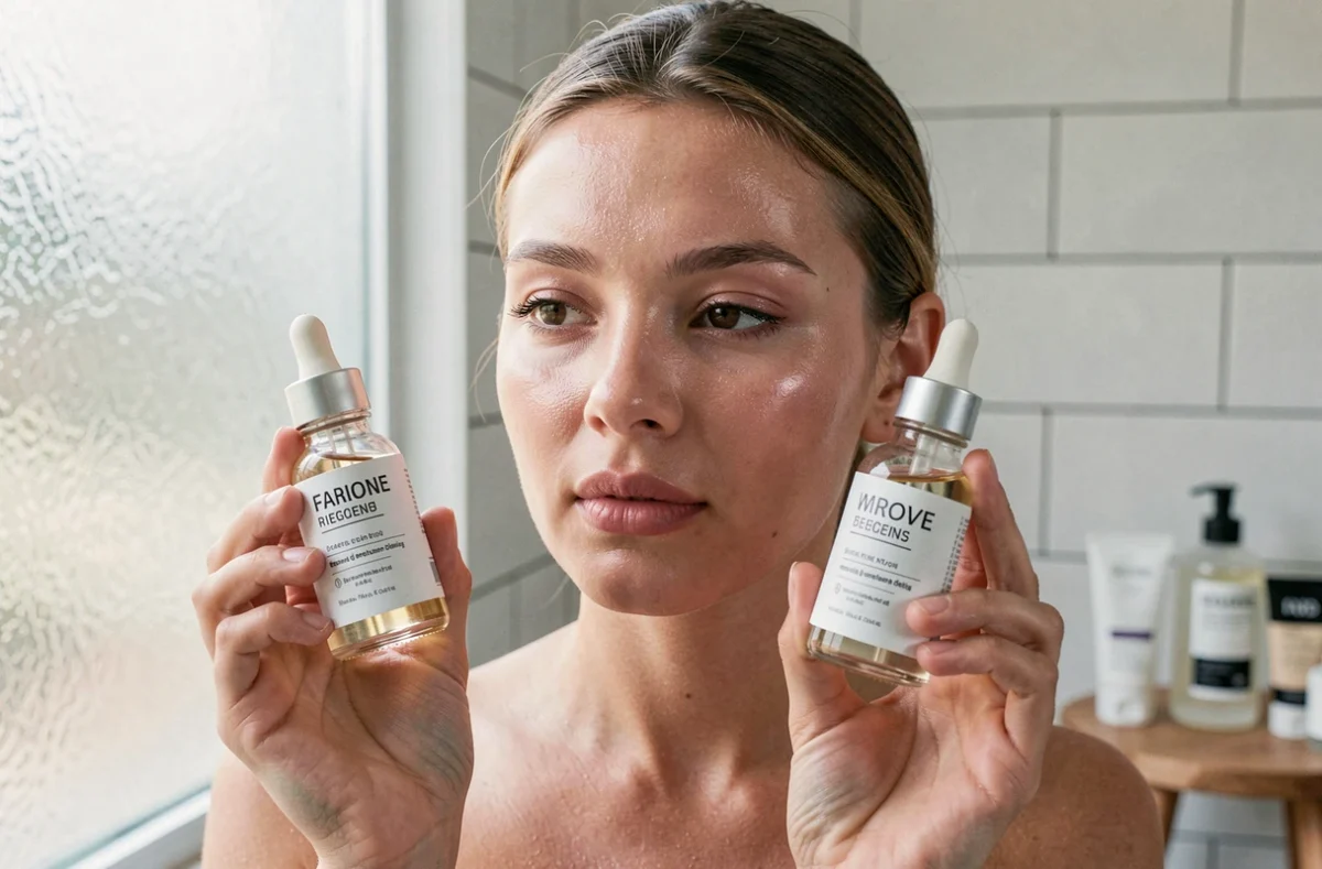 Jeune femme comparant deux sérums en flacons compte-gouttes de marques de soins minimalistes dans une salle de bain contemporaine