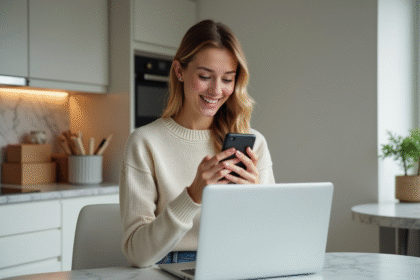 Jeune femme compare prix de produits de beauté en ligne