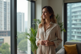 Femme confiante dans un appartement urbain moderne