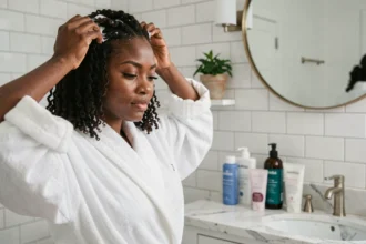 Jeune femme noire appliquant une crème définissante sur ses boucles naturelles devant un miroir de salle de bain, produits curly visibles sur le comptoir