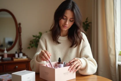 Femme déballant une box beauté abonnement remplie de produits cosmétiques sur une coiffeuse en bois dans un appartement parisien cosy