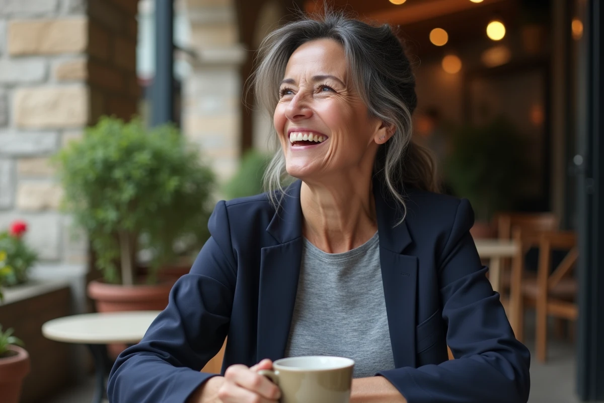 Femme élégante aux cheveux grisonnants dans un café parisien, beauté naturelle assumée et sourire authentique