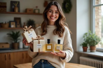 Femme souriante avec parfums et cadeaux dans un appartement lumineux