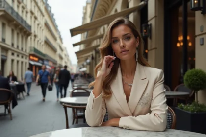 Femme élégante en costume luxe à Paris