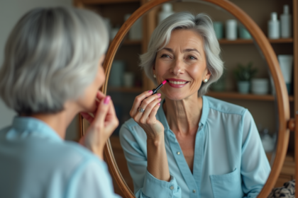 Femme élégante de 60 ans appliquant du rouge à lèvres