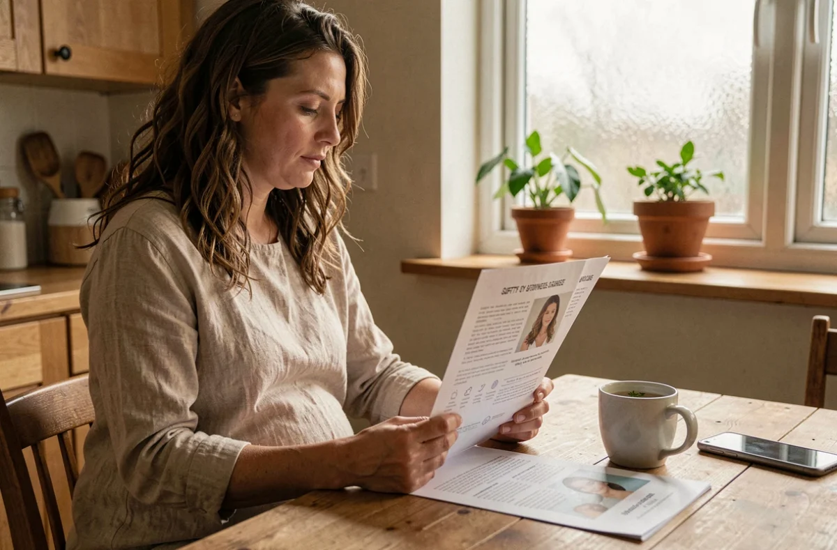 Femme enceinte à la maison lisant un document d'information sur la sécurité des produits capillaires pendant la grossesse