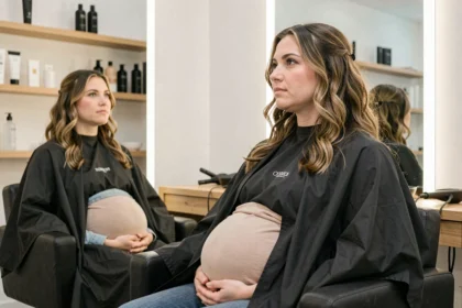Femme enceinte assise dans un fauteuil de salon de coiffure, regardant son reflet dans le miroir avec une expression pensive