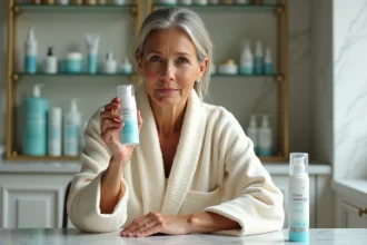 Femme d'une quarantaine d'années examinant attentivement un produit Filorga avant achat, posée sur une coiffeuse en marbre