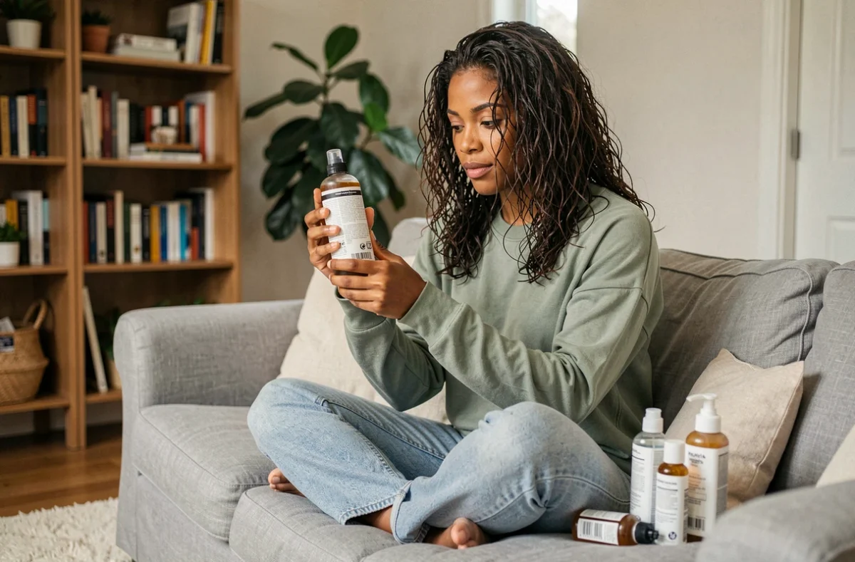 Femme métisse aux boucles humides lisant l'étiquette d'un gel coiffant sur un canapé, entourée de produits curly pour débutantes
