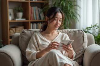 Femme lisant une notice avec une box de geisha balls dans un salon calme
