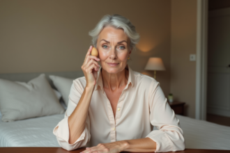 Femme mature appliquant du fond de teint avec une éponge